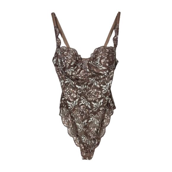 Natori Lace Teddy Bodysuit 34B New NWT Taupe Sheer Romantic Scalloped 90457 - Picture 1 of 7